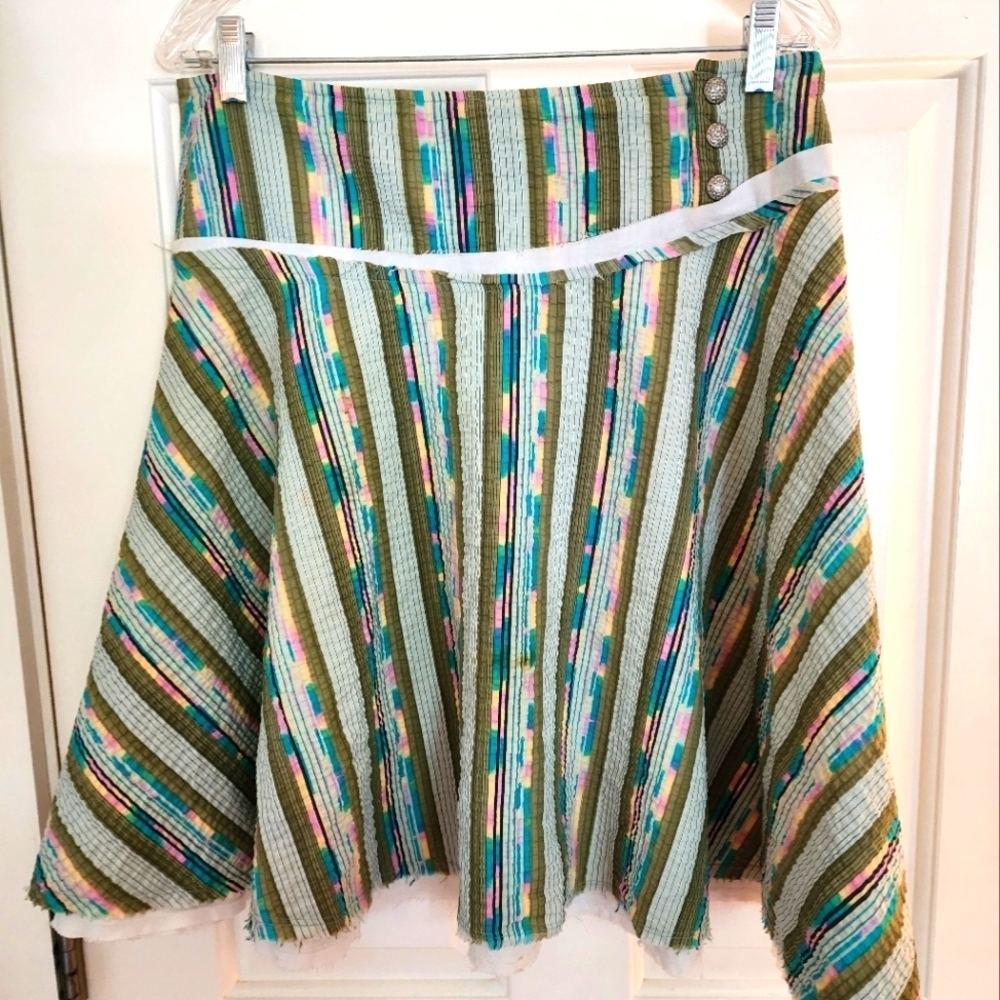 Free People Seersucker A Line Midi Skirt Size 2 Striped Green Blue Boho Romantic - Picture 1 of 12